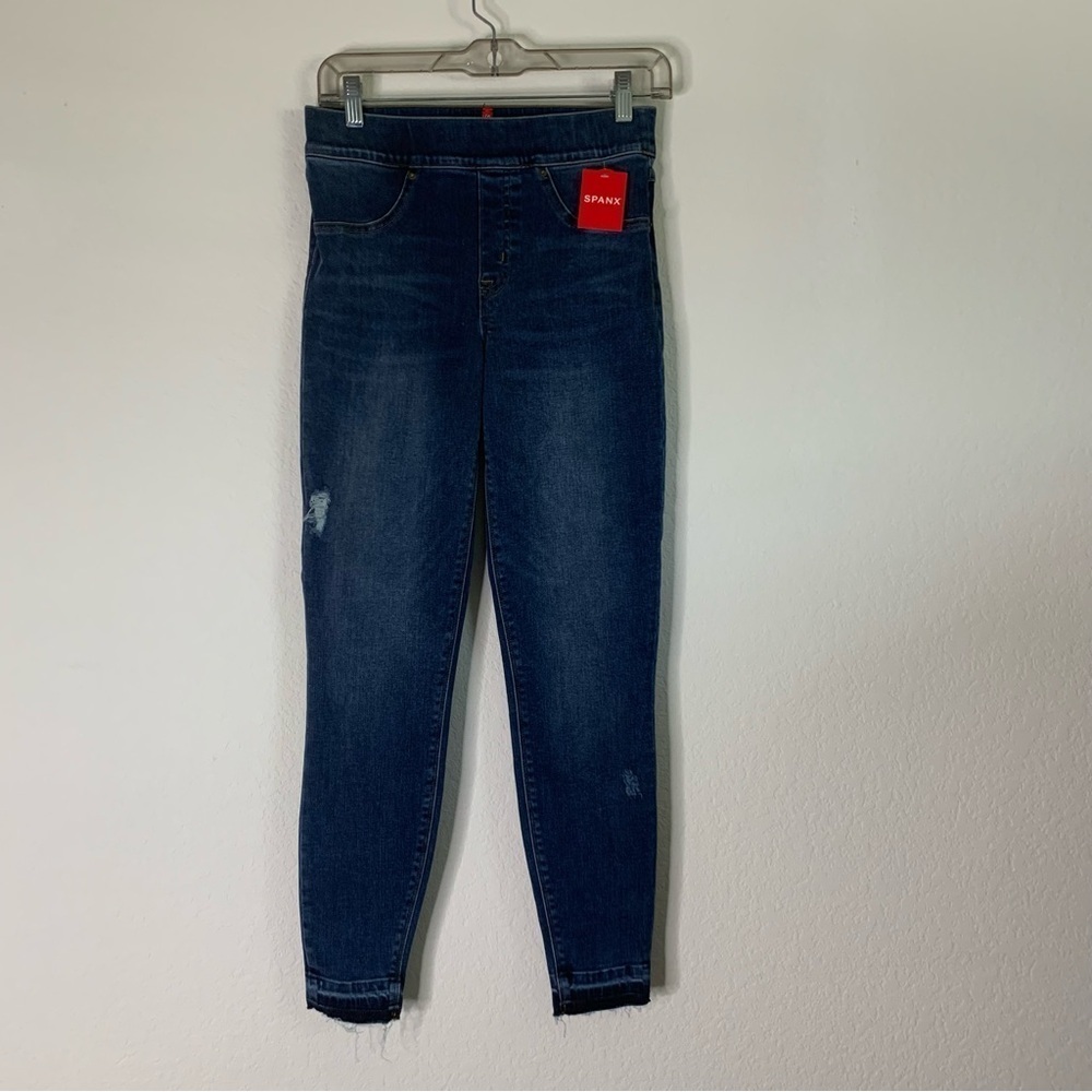 Spanx womens blue distressed skinny jeans S NEW
